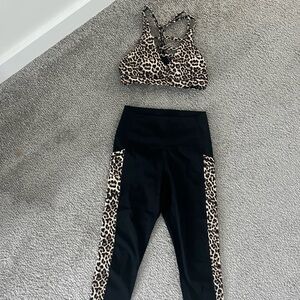 Leopard Print Women's workout outfit. Sports bra and capri pants